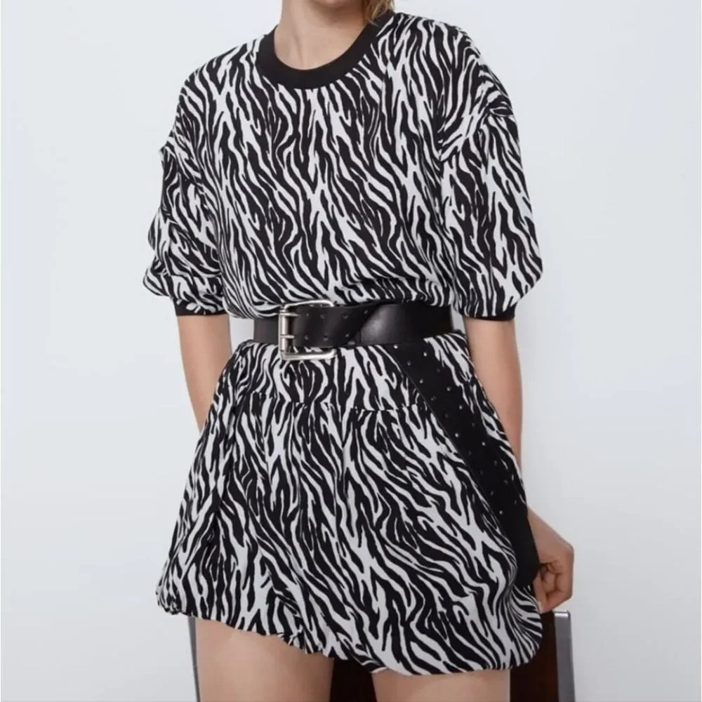 Zara zebra  print babydoll bubble hem tunic dress black white medium